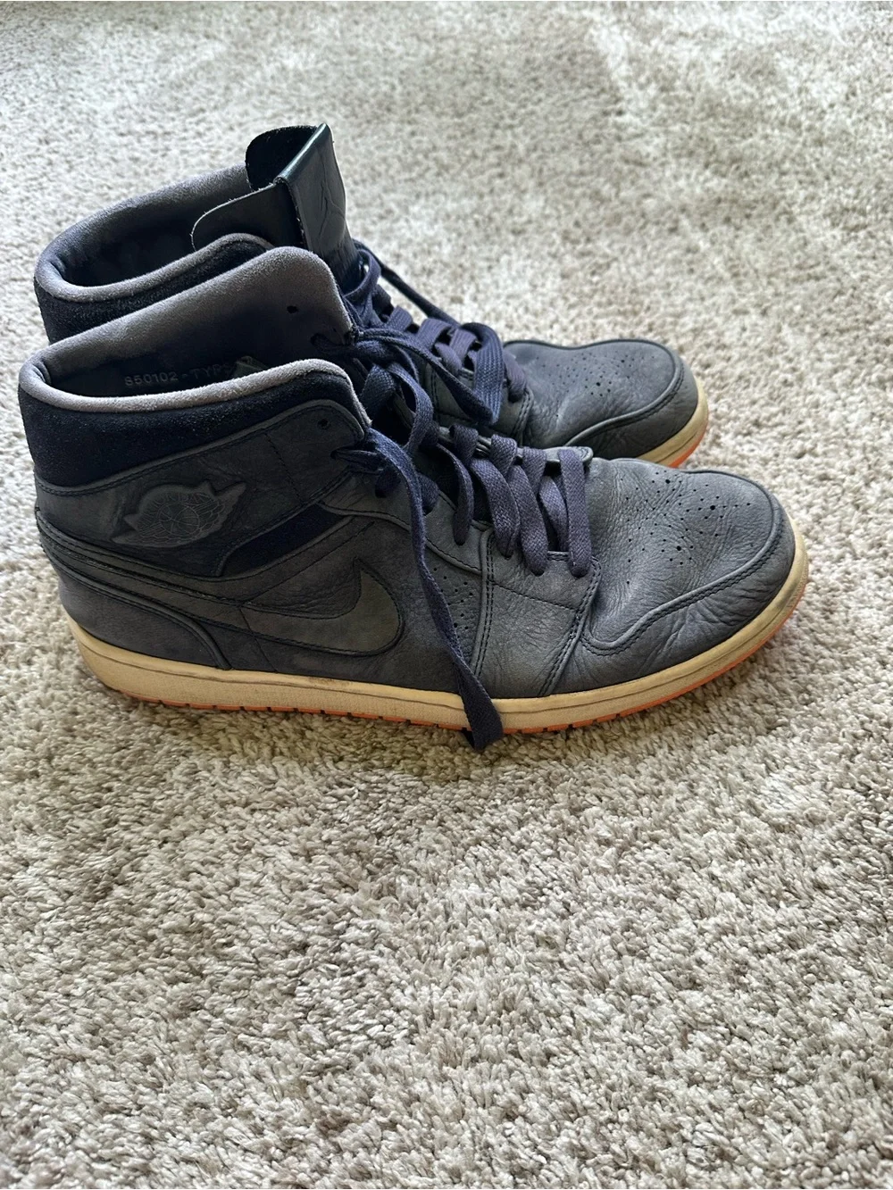 Jordan 1 Mid-Top Sneakers Navy Top Orange Bottoms.  Size 11.5
